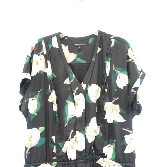 BANANA REPUBLIC Black White Midi Dress XL Shift Botanical Pleated Short Sleeve - Picture 5 of 10